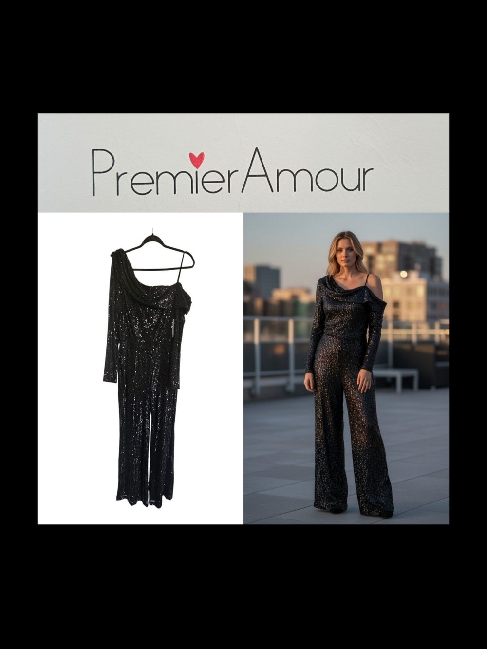 NWT $110 Premier Amour Black Sequin Off Shoulder Formal Jumpsuit Women's Size 14